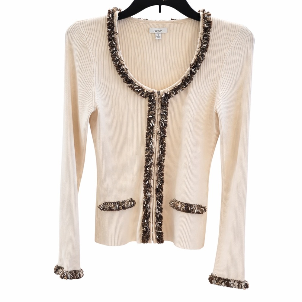 Vintage 90s Y2K Cache Cream Ribbed Fringe Cardigan Medium - Picture 2 of 6